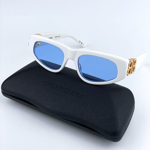 NEW Balenciaga BB0095S 004 White Gold Logo Light Blue Cat Eye Unisex Sunglasses - Picture 1 of 14